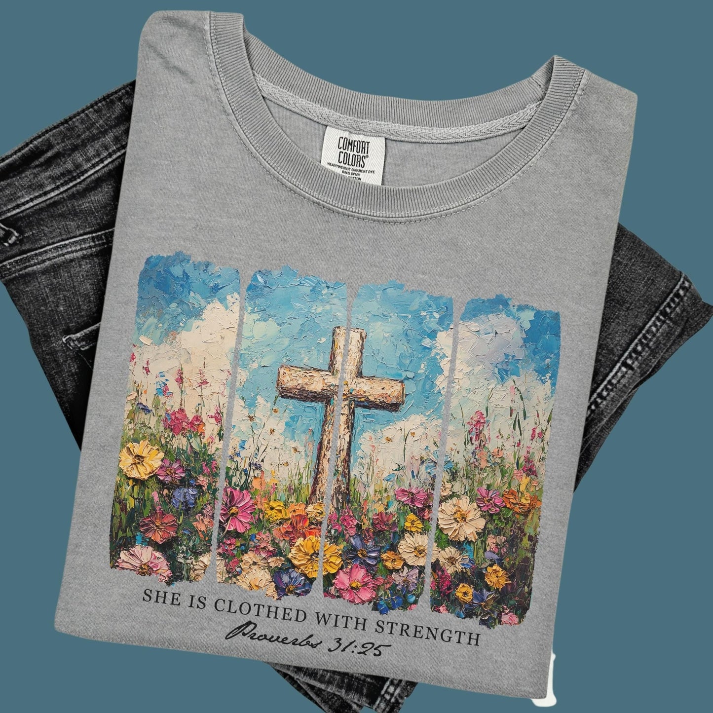 Proverbs 31 25 Christian apparel featuring a religious floral cross perfect for believers who love faith-inspired fashion