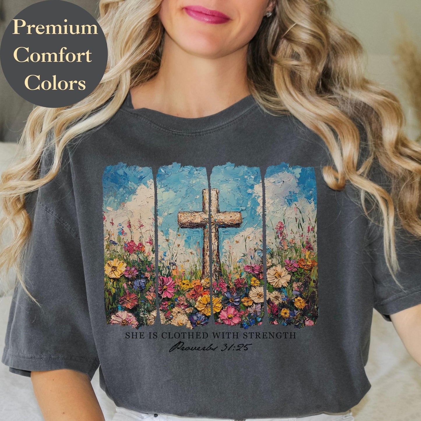 Christian gift t-shirt for women with an artistic oil painting floral cross and faith-based message ideal for religious occasions