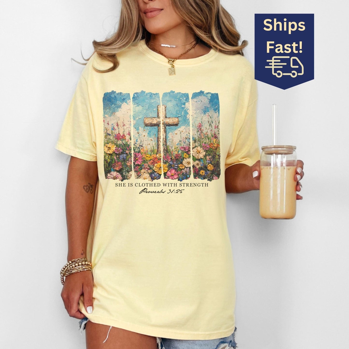 Inspirational Proverbs 31 25 faith tee with a unique oil painting effect a meaningful Christian gift for her