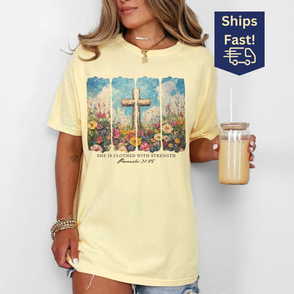 Inspirational Proverbs 31 25 faith tee with a unique oil painting effect a meaningful Christian gift for her